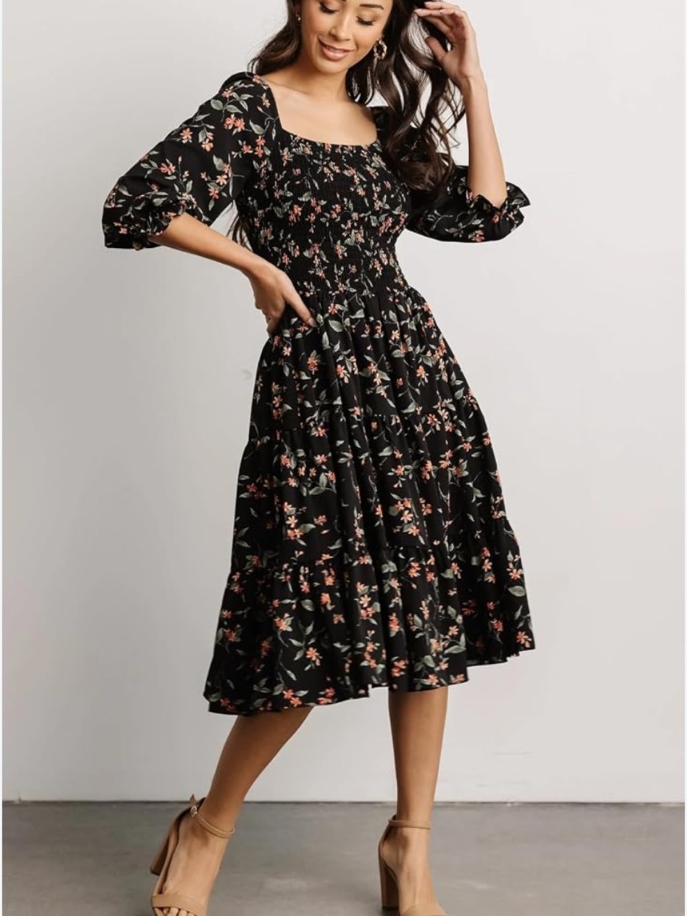 Baltic Born Floral Smocked Midi Dress Black Size 1XL